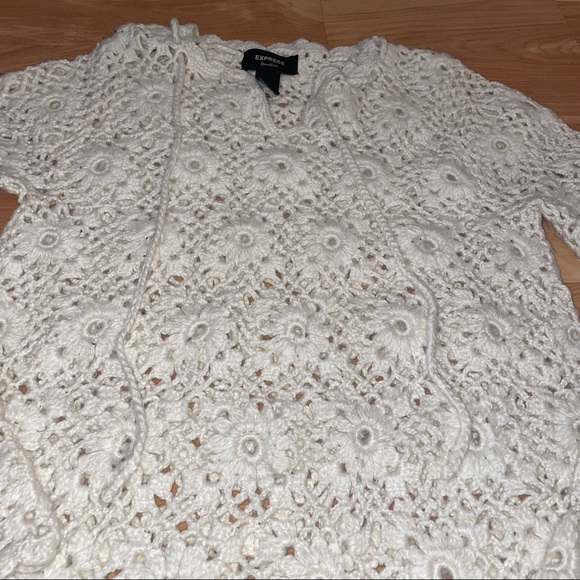 EXPRESS Handknit Open Knit Cream Ivory  granny chic Crochet Wool  Sweater Small - Picture 9 of 13